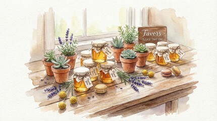 Warm and inviting still life of potted plants and homemade honey jars with thank you notes on a cozy wooden table by the window, evoking feelings of gratitude and kindness.