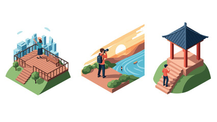 Fototapeta premium Isometric landscape scenes with city view and peaceful countryside setting