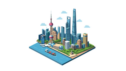 Fototapeta premium Isometric cityscape of shanghai with iconic landmarks and waterfront scene
