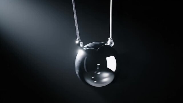 A solitary, reflective droplet hangs from delicate threads against a dark background