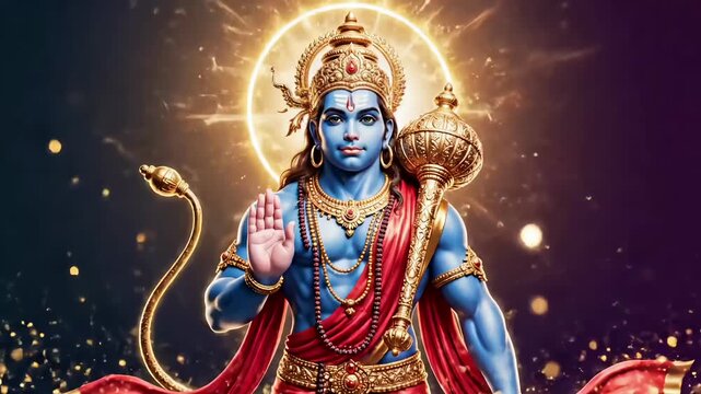Animated Lord Hanuman blessing stance with radiant halo flowing cloth and sacred energy creating spiritual Hanuman Jayanti cinematic motion footage