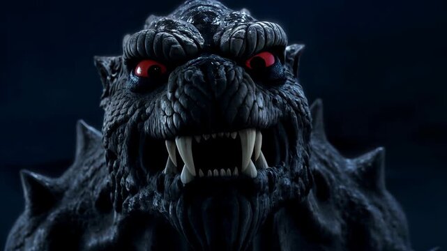 Ferocious fantasy creature roaring close up animated monster with glowing red eyes and sharp teeth dark and gritty cinematic