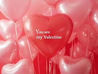 ハート形の赤やピンクの風船と「You are my Valentine」のメッセージ
