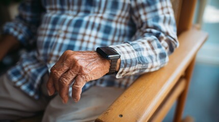 Obraz premium Elderly man's hand resting on armchair while wearing smartwatch 