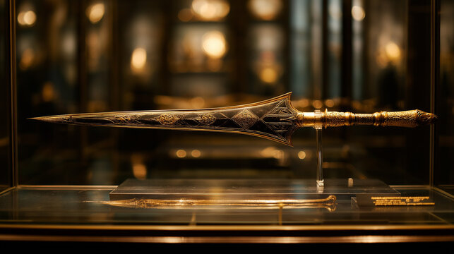 glaive. A ceremonial gilded glaive with carved shaft displayed in a museum. event programs, museum guides, designed for cultural heritage projects and event programs, preserves heritage.