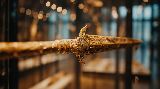 glaive. A ceremonial gilded glaive with carved shaft displayed in a museum. event programs, museum guides, designed for cultural heritage projects and event programs, preserves heritage.
