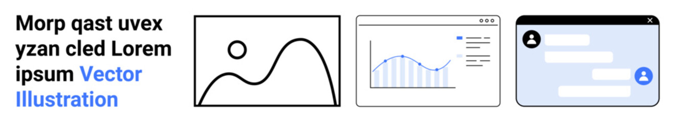 Fototapeta premium Business analytics, communication tools, digital content, user interface design, online data, graphic layout. Minimalist icons graphs, chat interface and image placeholder. Business analytics
