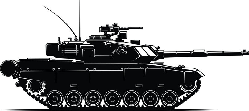 Black and white vector silhouette of a modern heavy battle tank with realistic military details isolated on a white background