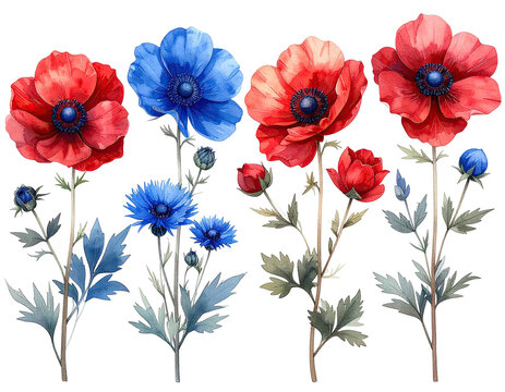 Watercolor flowers in red and blue against a black backdrop, stems visible