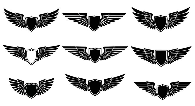 Collection of black shield and wing logos on a white background
