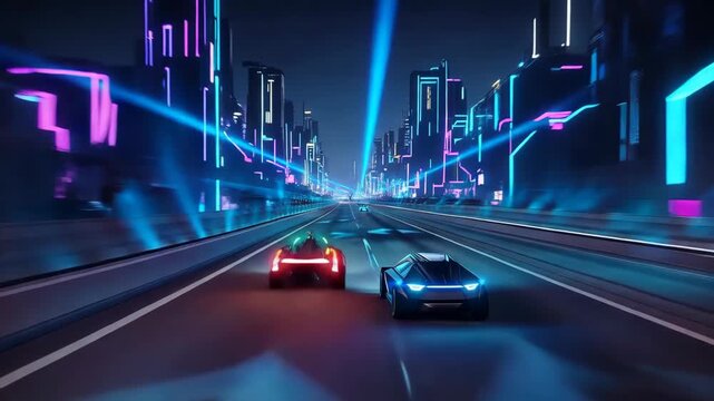 Futuristic cityscape at night with sleek cars on highway