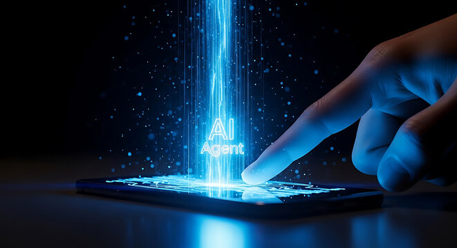 human hand interacts with ai agent on smartphone screen symbolizing advanced technology machine learning and digital transformation.