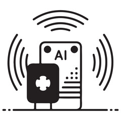 Artificial Intelligence Medical Icon Representing Digital Health Monitoring and Smart Diagnostics Through a Mobile Device with Wireless Signals and a Medical Cross Symbol in Minimalist Style.