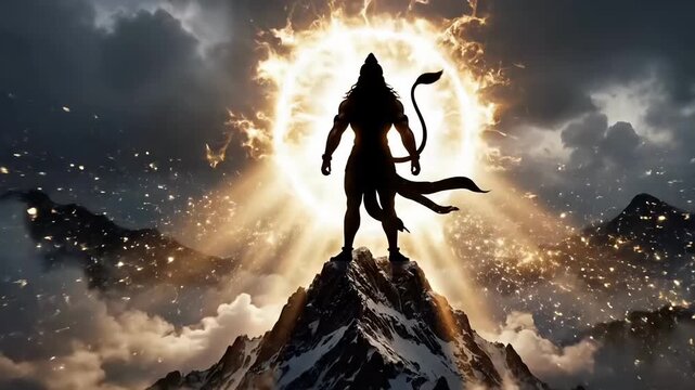 Powerful divine light moves behind Lord Hanuman as clouds shift and energy flows across mountains creating spiritual motion for Hanuman Jayanti devotion