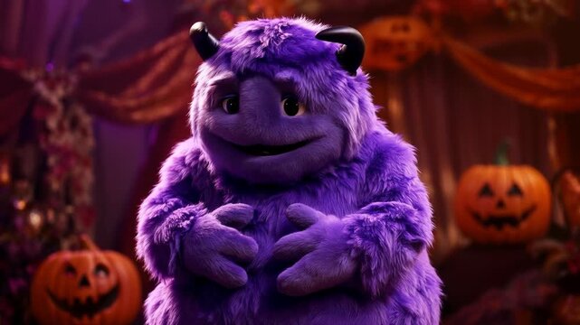Fuzzy purple monster halloween celebration with jack o lanterns