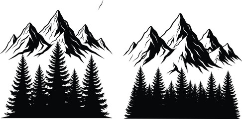 Hand drawn mountain range with pine forest silhouette set isolated on white background for outdoor adventure travel and nature logo © Saila