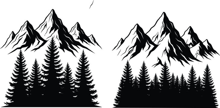 Hand drawn mountain range with pine forest silhouette set isolated on white background for outdoor adventure travel and nature logo