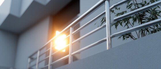 Naklejka premium Modern balcony design with metal railing and plants viewed at sunset in a 3D rendering of an apartment building exterior