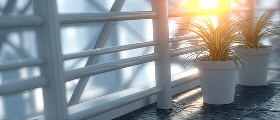 Naklejka premium Modern balcony design showing white metal railing and potted plants at sunset with glass window and chrome details in an apartment building exterior