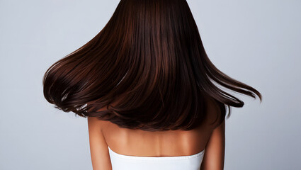 Obraz premium Woman's back and long dark brown hair swirling against a neutral background image