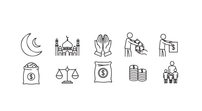 Islamic Charity and Finance Icons: Zakat, Mosque, Moon, Scales, Money Bags, Coins, Family