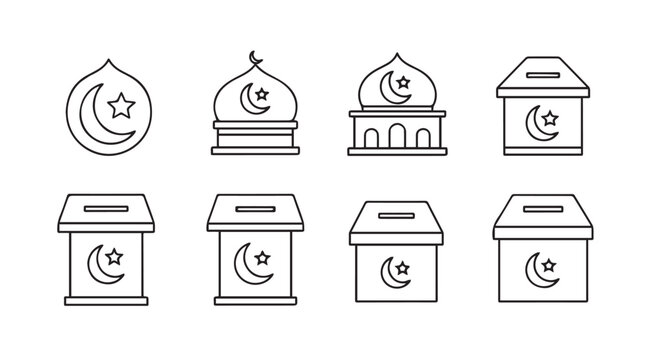 Islamic Charity Box and Mosque Dome Icons Set, Crescent Moon and Star Symbol
