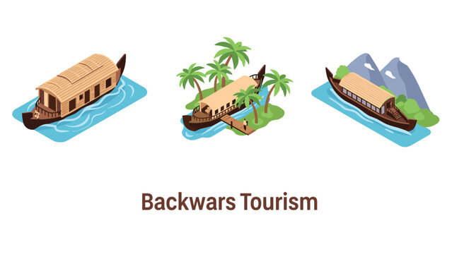 Isometric tropical boat tours: scenic houseboats and relaxation in nature