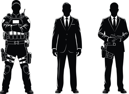 Professional Executive Protection Silhouette Set Featuring Tactical Bodyguard in Full Gear Corporate Security Agent and Armed Private Specialist in Suit
