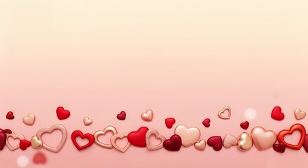 Collection of Red, Pink, and Pearl Heart Shapes on Soft Gradient Pink Background