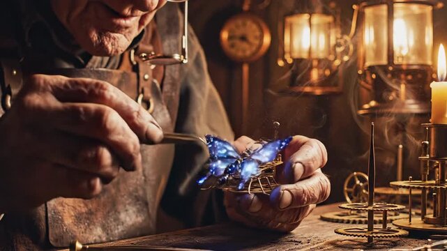 Artisan crafting stained glass butterfly, hands working with precision, workshop environment