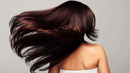 Naklejka premium Woman's long brown hair blowing in the wind against a light gray background image
