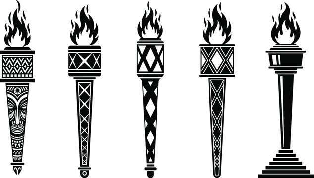 Set of black and white tribal tiki torches with flame icons for tropical party decorations and ceremonial ritual vector illustrations
