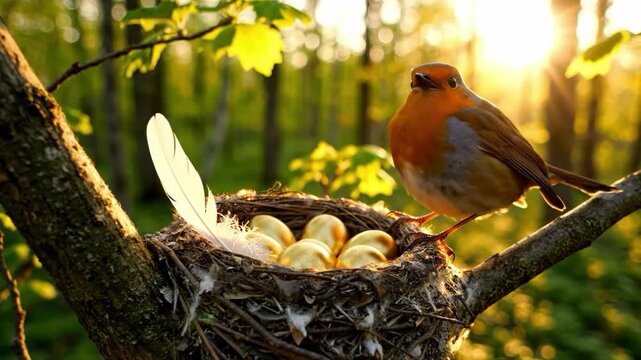 Robin bird guarding golden eggs in a nest at sunrise in a forest