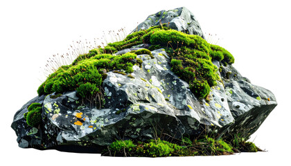 Large textured rock formation covered in vibrant green moss, isolated