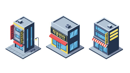 Isometric cityscape: urban commercial buildings with korean signs and modern architecture