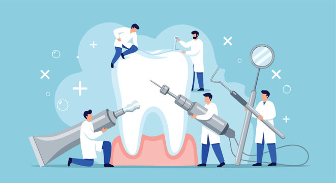 Dentist Team Working on Giant Tooth. Dental Care Concept.
