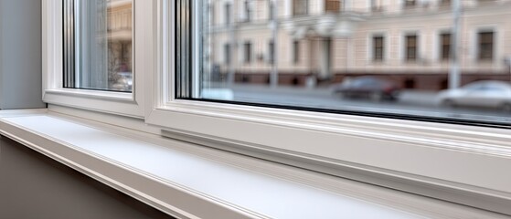 Fototapeta premium Modern window frame with clean white sill in bright sunlight showcasing clear view of street and buildings outside
