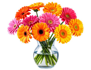 Beautiful gerbera flowers bouquet in a vase solated on white or transparent background, clipart, design element. Easy to place on any other background
