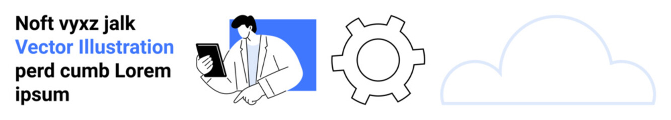 Businessman holding tablet, adjacent gear, and cloud outline symbolize technology, productivity, and cloud computing. Ideal for teamwork, innovation, IT, business strategy analytics communication