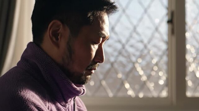 Man in purple fleece looking down near a window with patterned glass