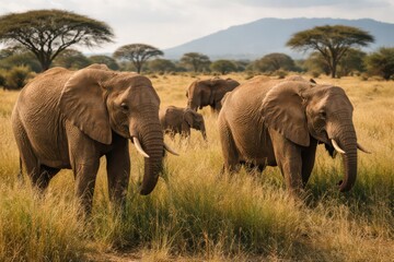 Obraz premium Herd of African elephants grazing in golden savanna grassland with acacia trees and distant mountains under warm evening light