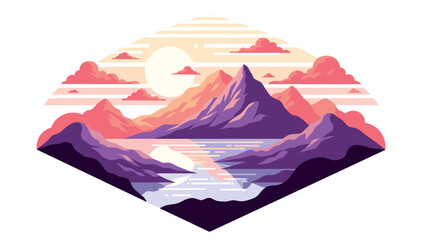 Vibrant geometric mountain landscape at sunset with reflective lake and clouds