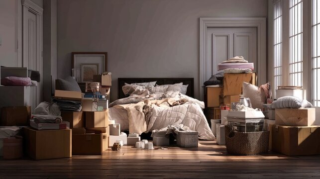 Disorganized bedroom filled with boxes and clutter creating a sense of chaos and overwhelming home environment