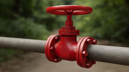 Close up of a red industrial valve on a metal pipeline with a blurred green background suggesting control of fluid transport