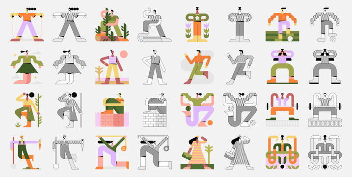 Geometric people characters set with modern ethnic flat style