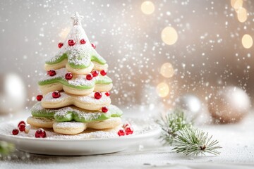 Obraz premium Festive christmas tree cookie tower with icing and berries on holiday background