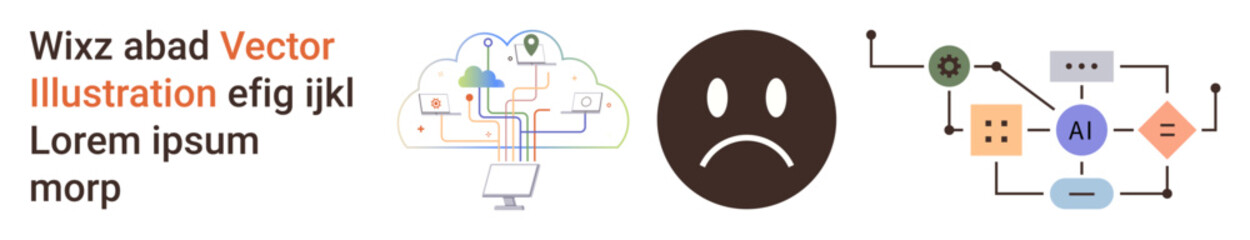 Fototapeta premium Artificial intelligence, emotion analysis, cloud computing, data flow, technology automation, machine learning. A cloud diagram, sad face and AI system connections. AI and emotion analysis
