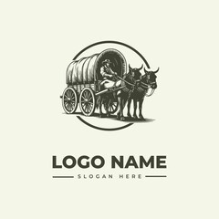 Fototapeta premium A vintage-style illustration of a man driving a horse-drawn wagon in a circular logo design with a woodcut aesthetic and space for a logo name and slogan.