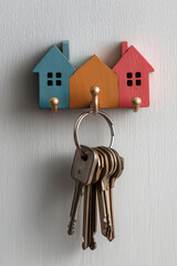 a house shaped key hook, with only one set of keys hanging.