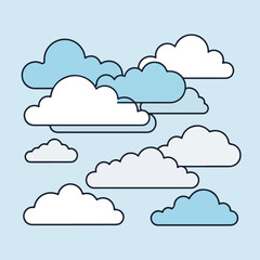 A stylized illustration of fluffy clouds in various colors, on a blue backdrop